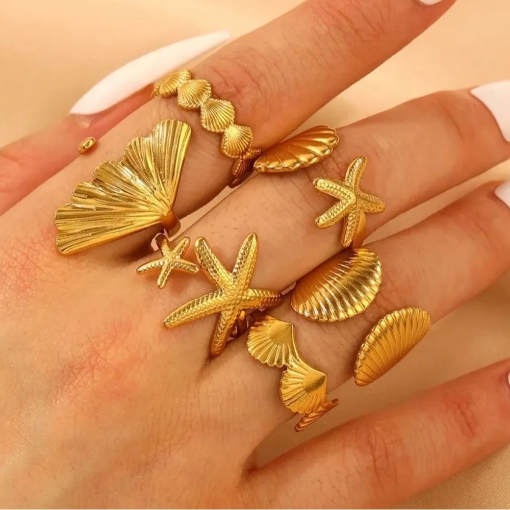 Gold Starfish and Shell Rings